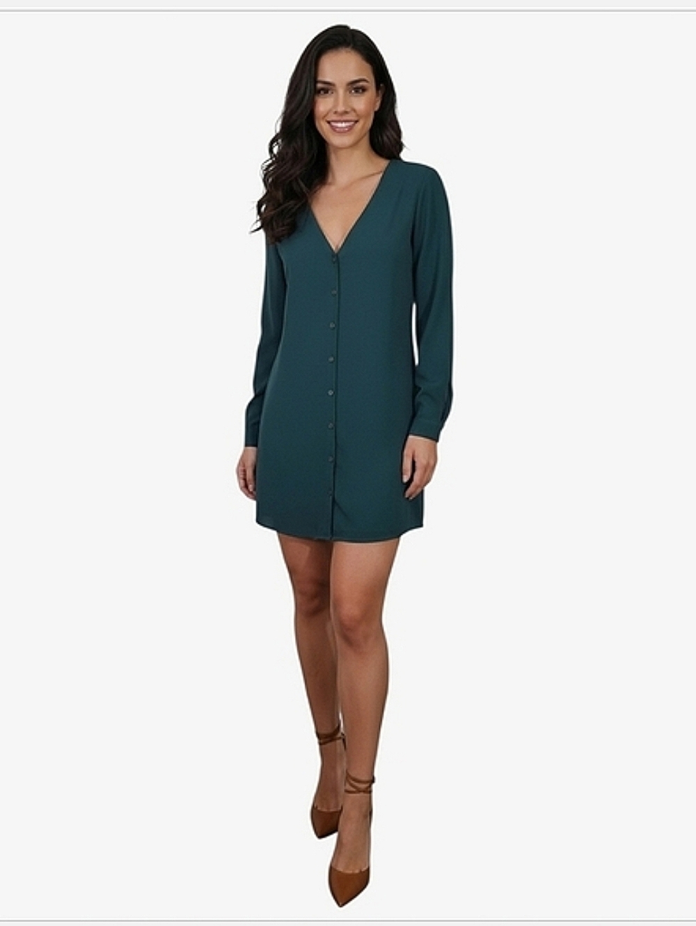 Teal Blouse Collarless Cardigan Shirt Dress